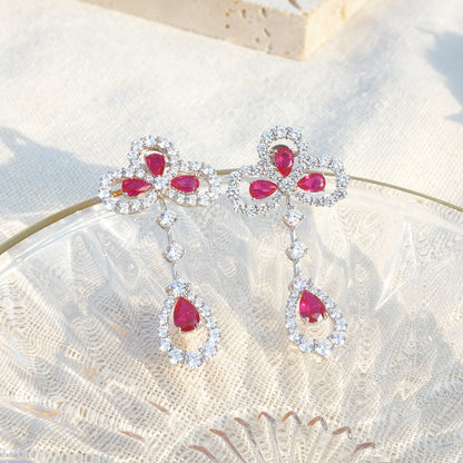 White Gold Ruby Iris Shape Hollow Drop Earrings