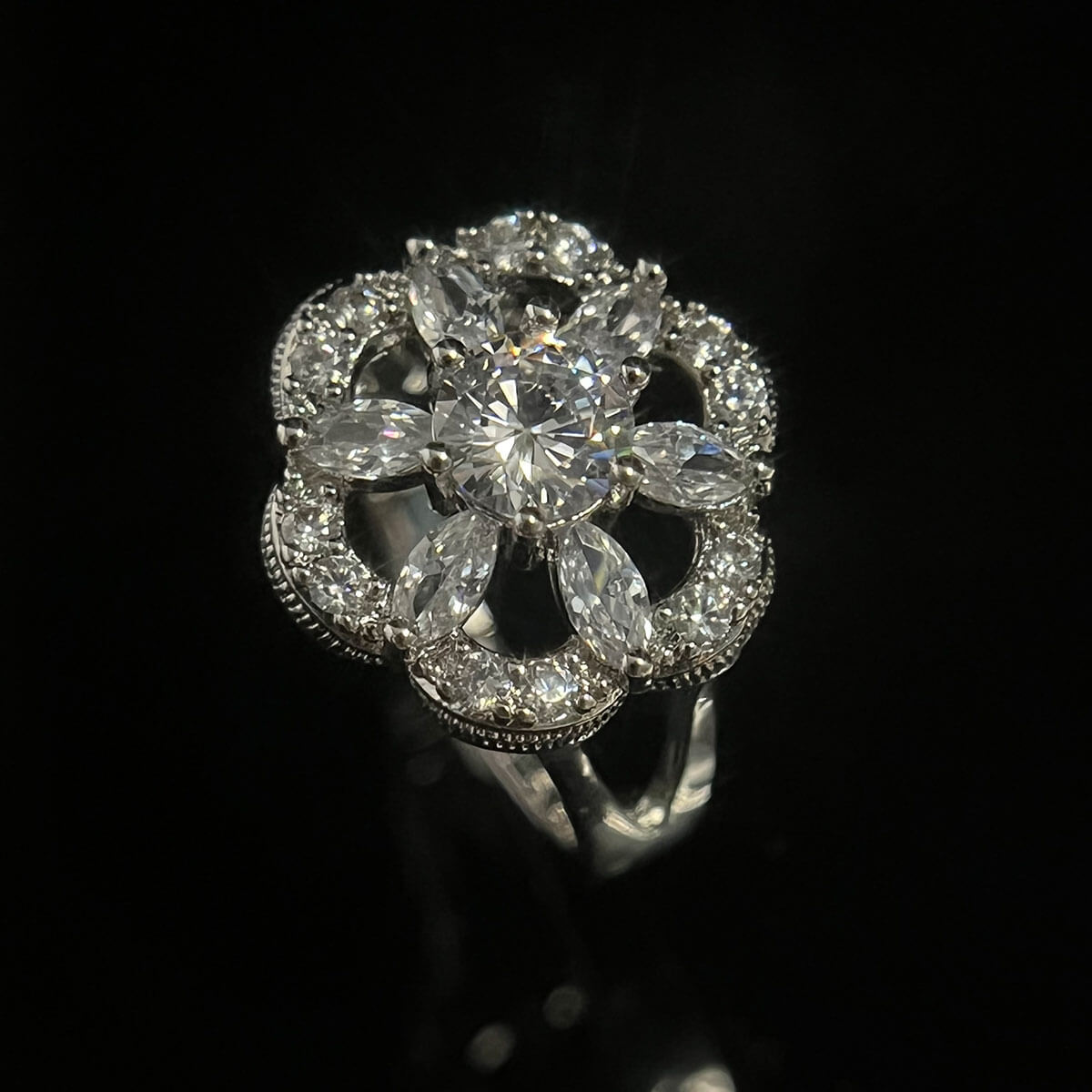 White Gold Hollow Flower Shape Full Stones Ring