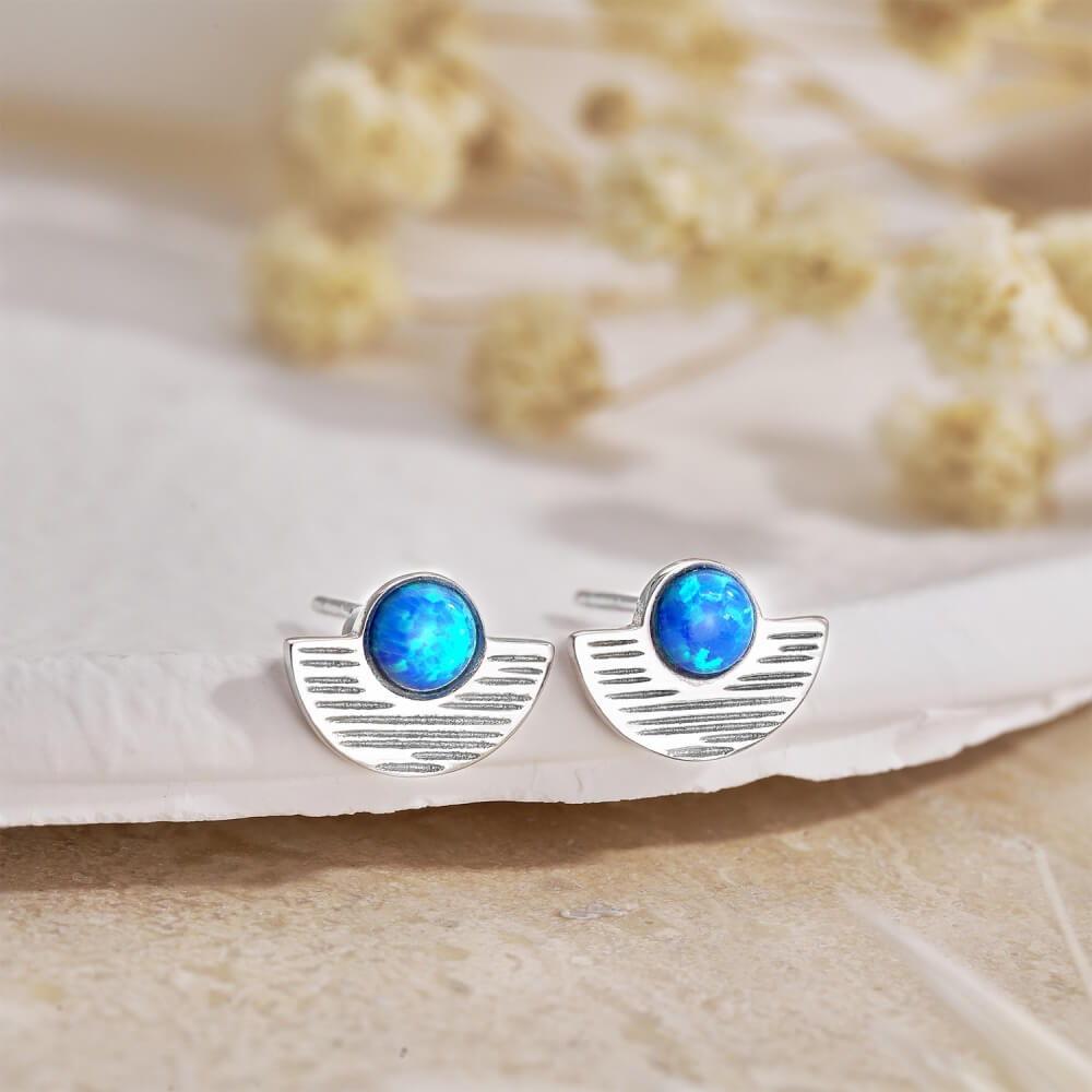 S925 Sterling Silver Blue Opal Half-round Stud Earrings