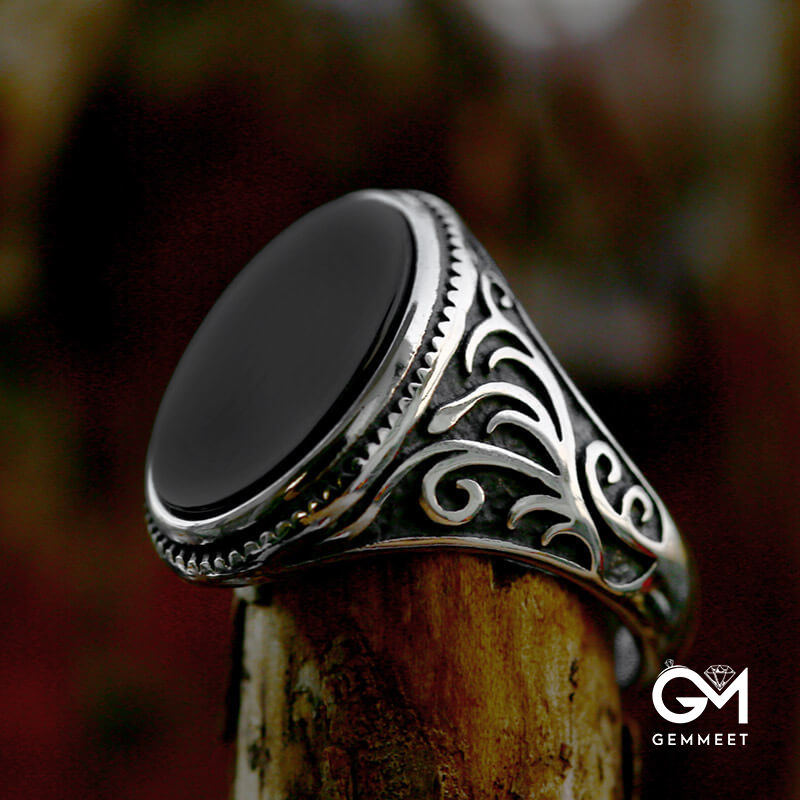 Vintage Viking Stainless Steel Engraved Black Agate Ring