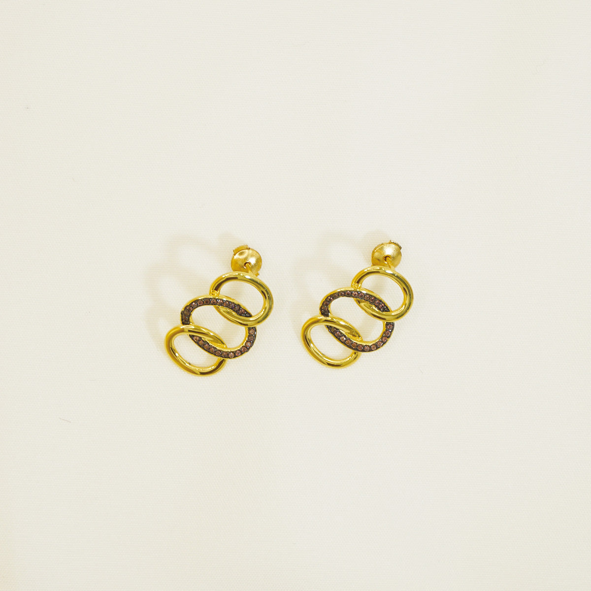 Gold Hammered Triple Brown Stones Hoop Earrings