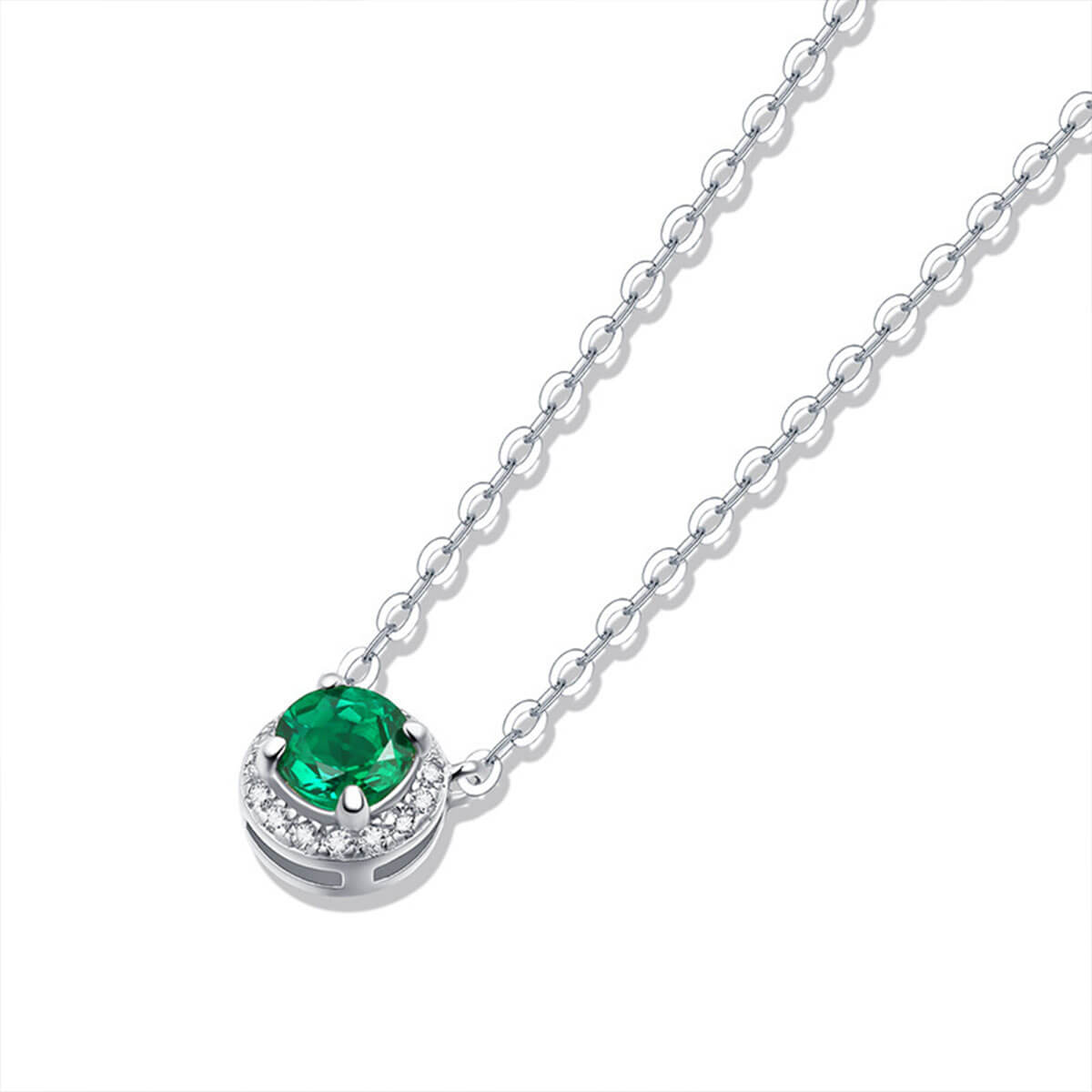 White Gold Halo Emerald Pendant Chain