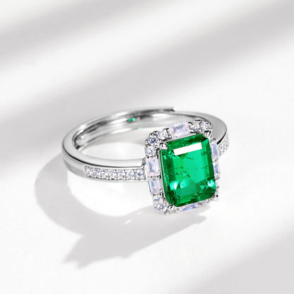 White Gold Rectangle Emerald Adjustable Halo Ring