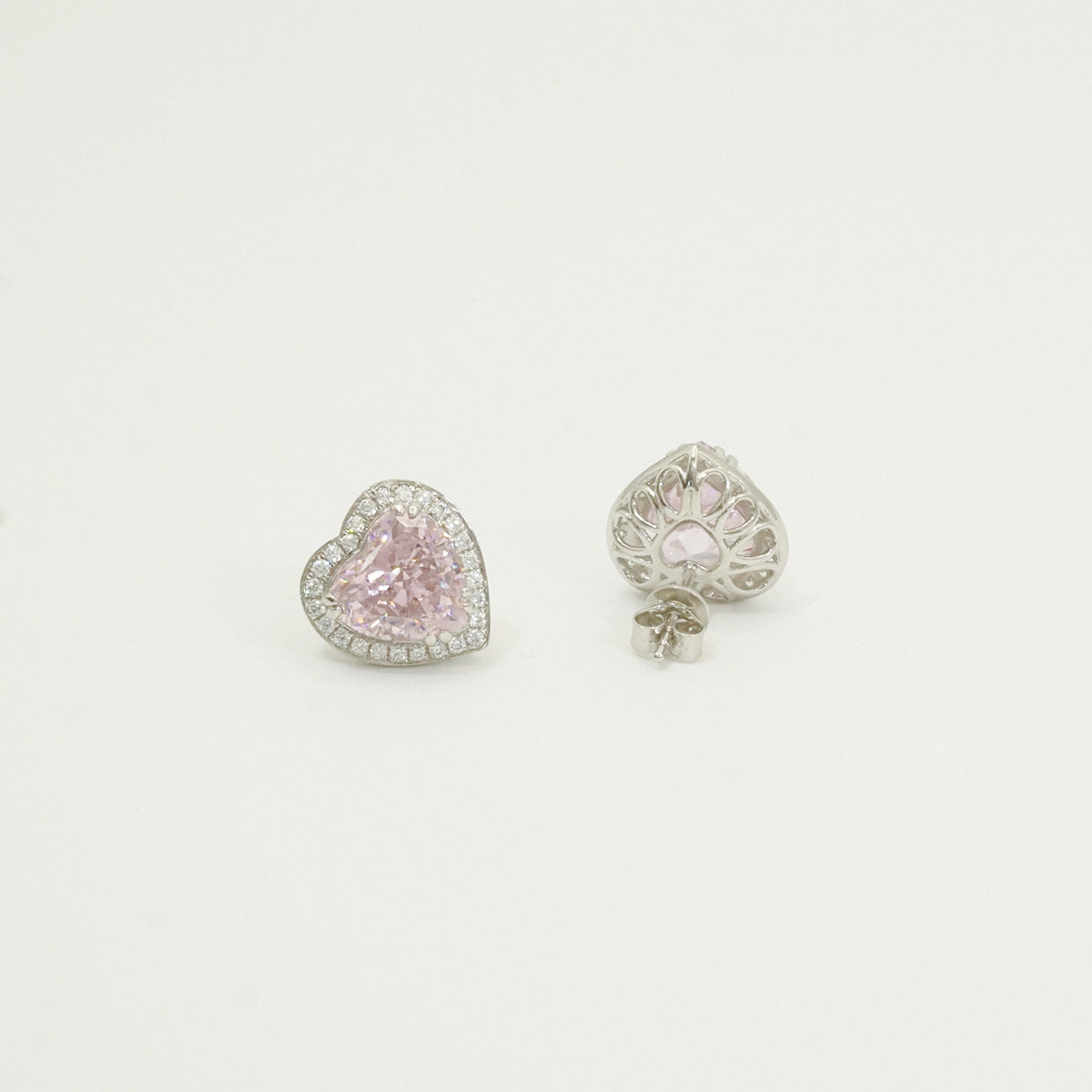 White Gold Plating Heart Shape Pink Sapphire Full Stones Stud Earrings