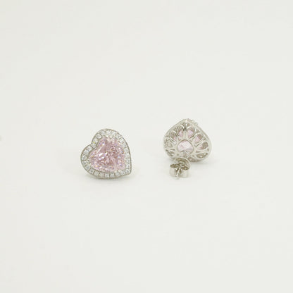 White Gold Plating Heart Shape Pink Sapphire Full Stones Stud Earrings