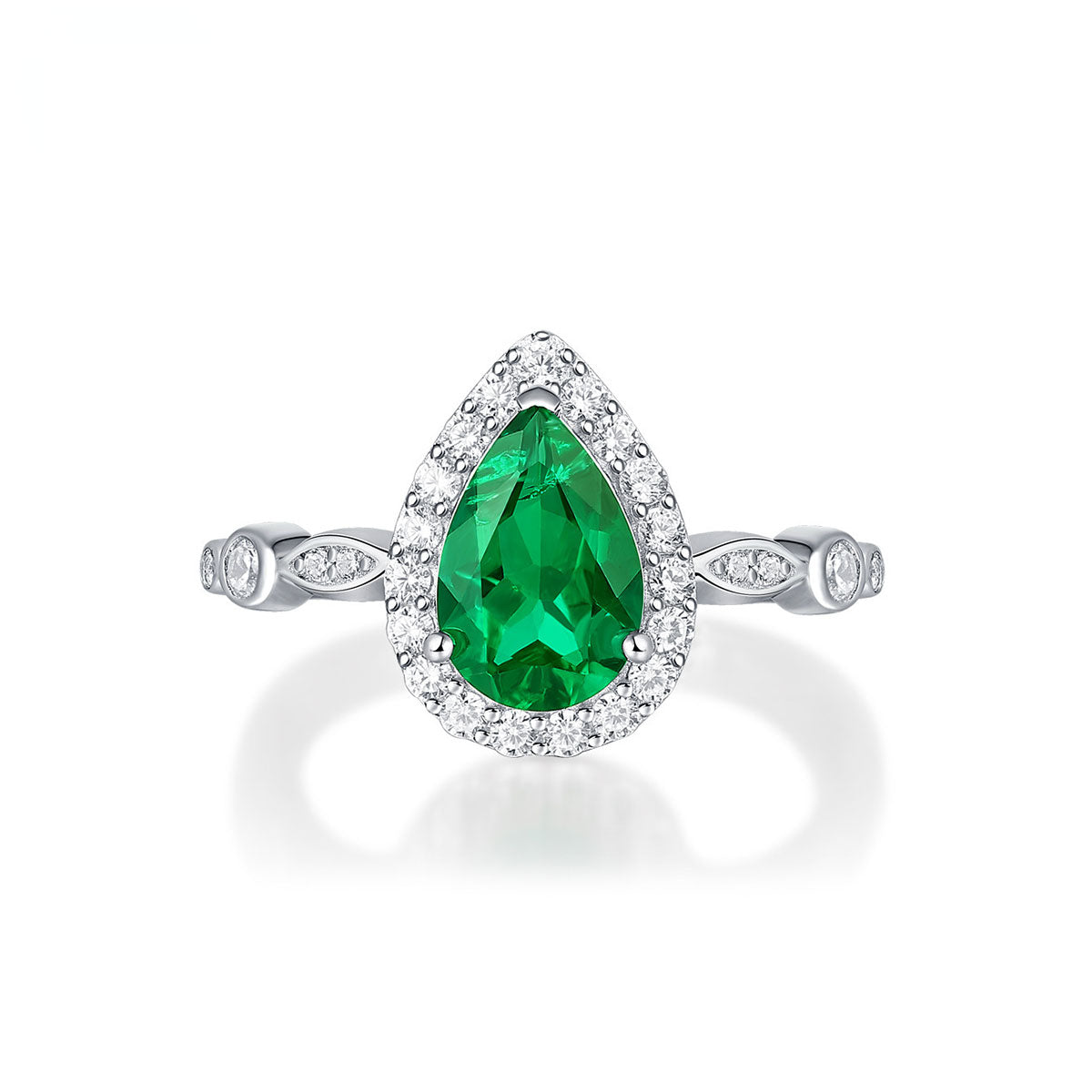 White Gold Drip Shape Emerald Halo Ring