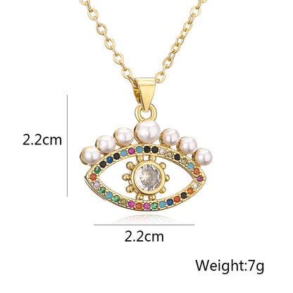 Hollow Evil Eye Color Stones Pearl Pendant Necklace