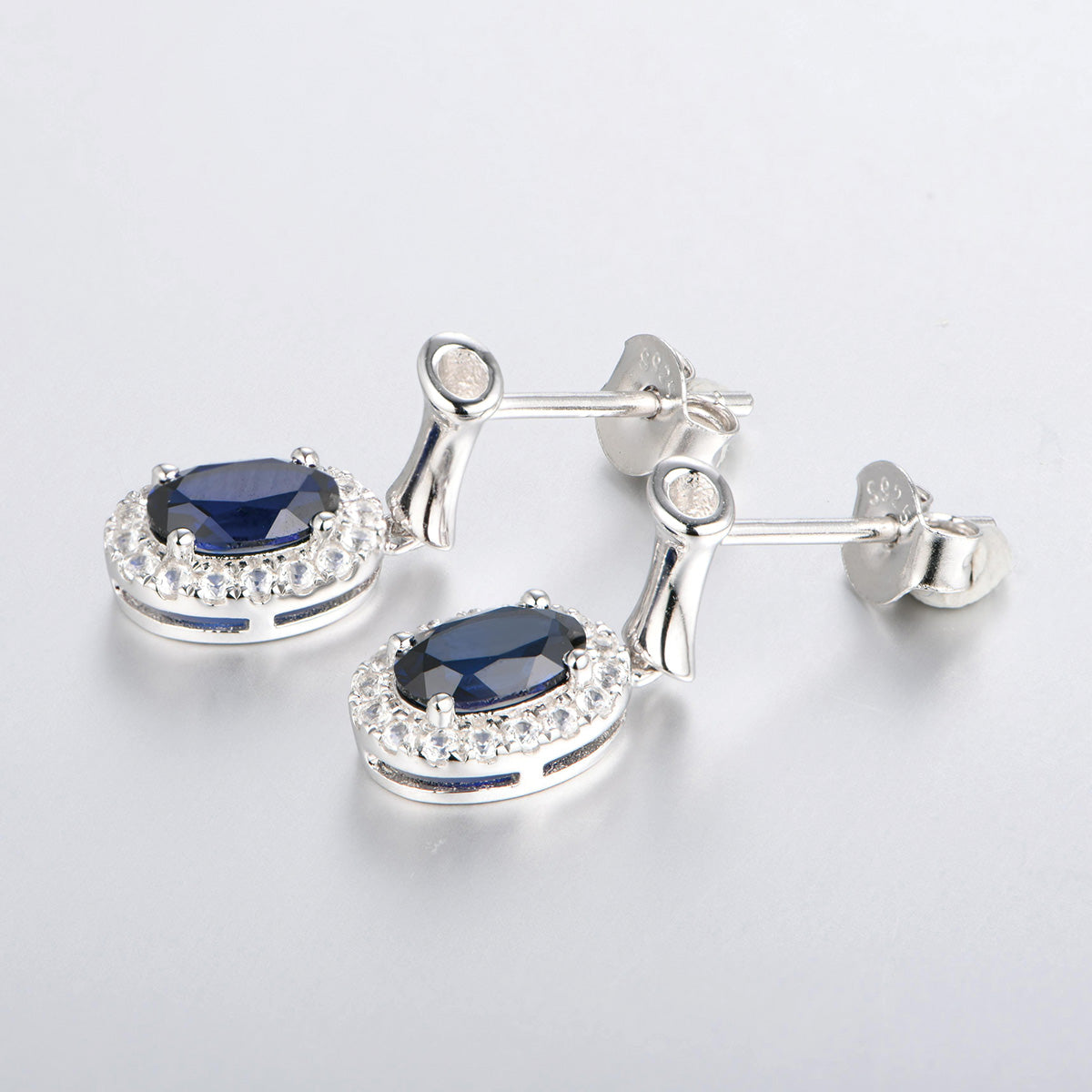 White Gold Full Stones Drop Earrings with Oval Brilliant Cut Sapphire