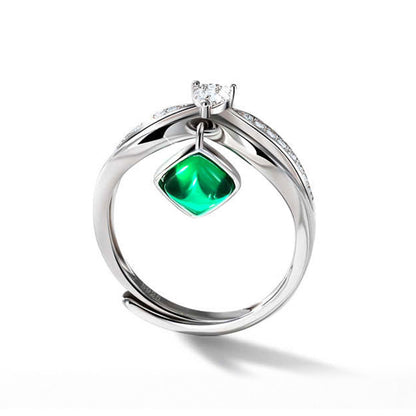 White Gold S925 Dangle Drip Emerald Hollow Adjustable Ring