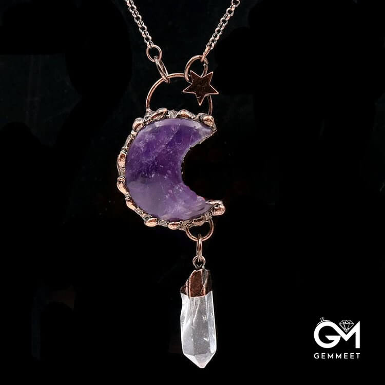 Crystal Moon Star Gemstone Pendant Necklace