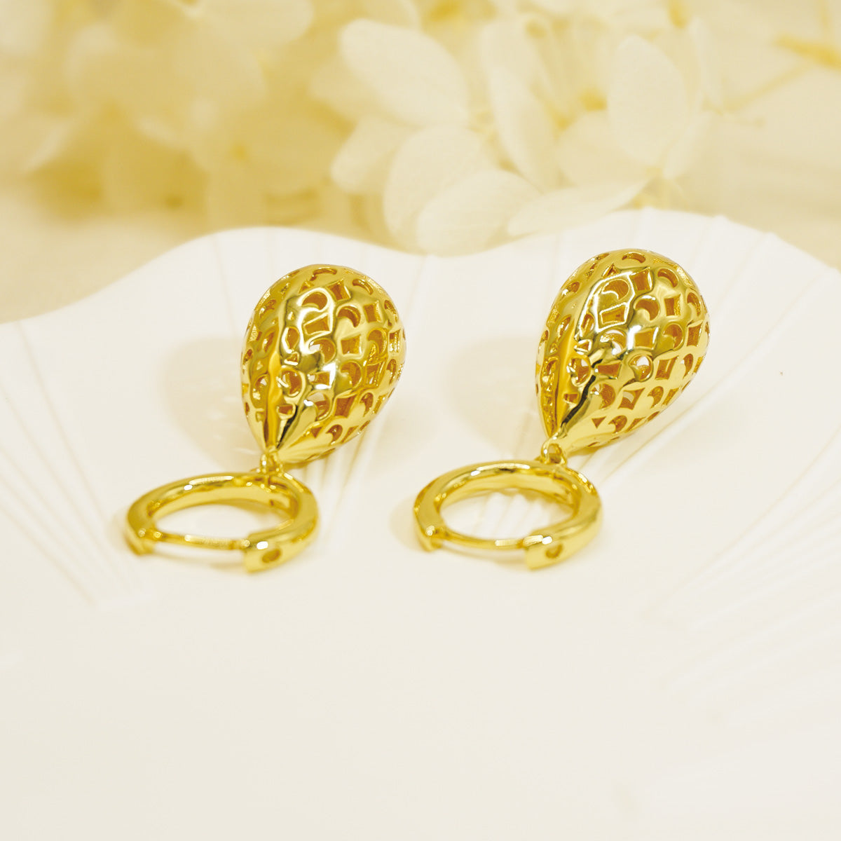 Oval Ball Hollow Carved Design Gold Dangle Earrings