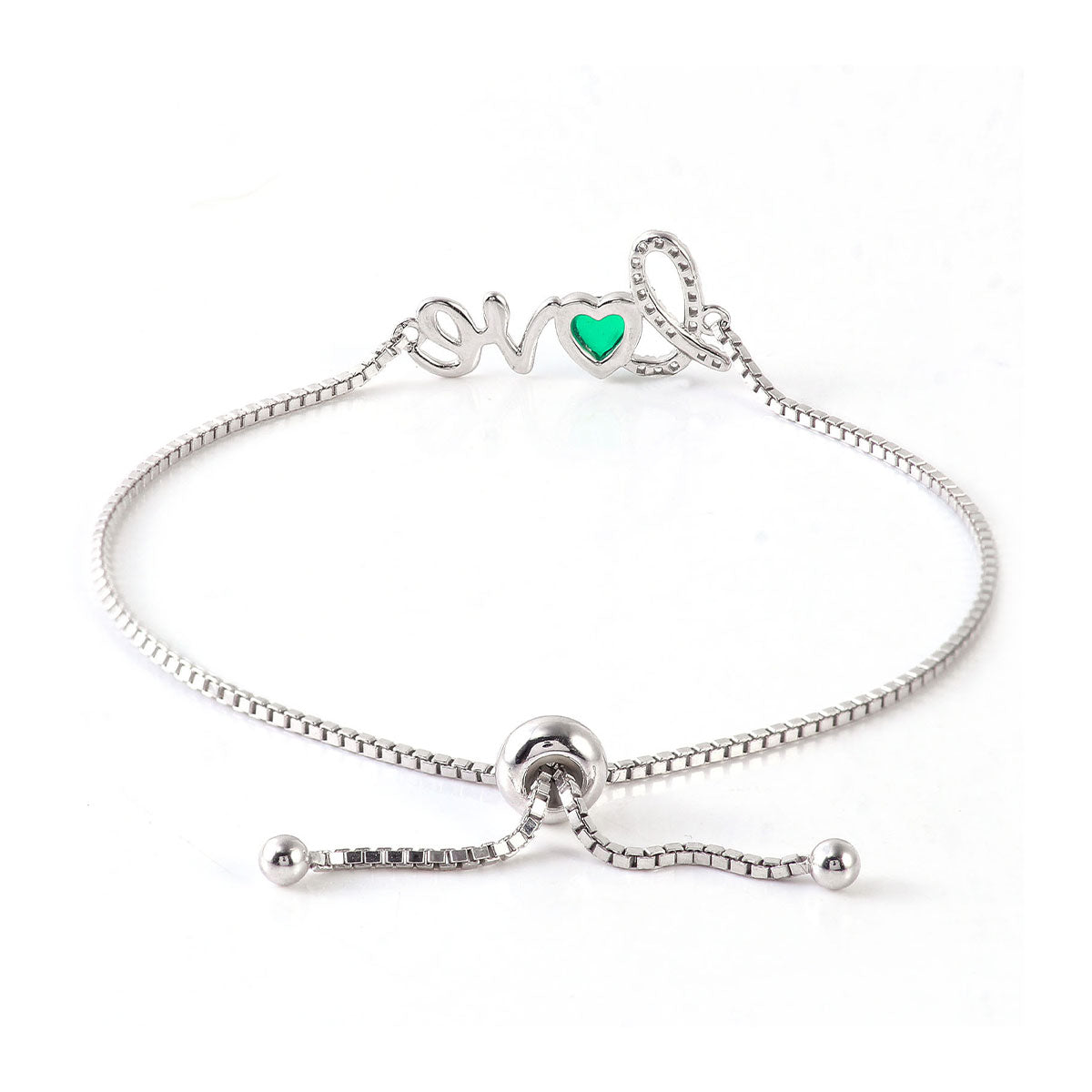 White Gold LOVE Post Heart Shape Emerald Adjustable Bracelet