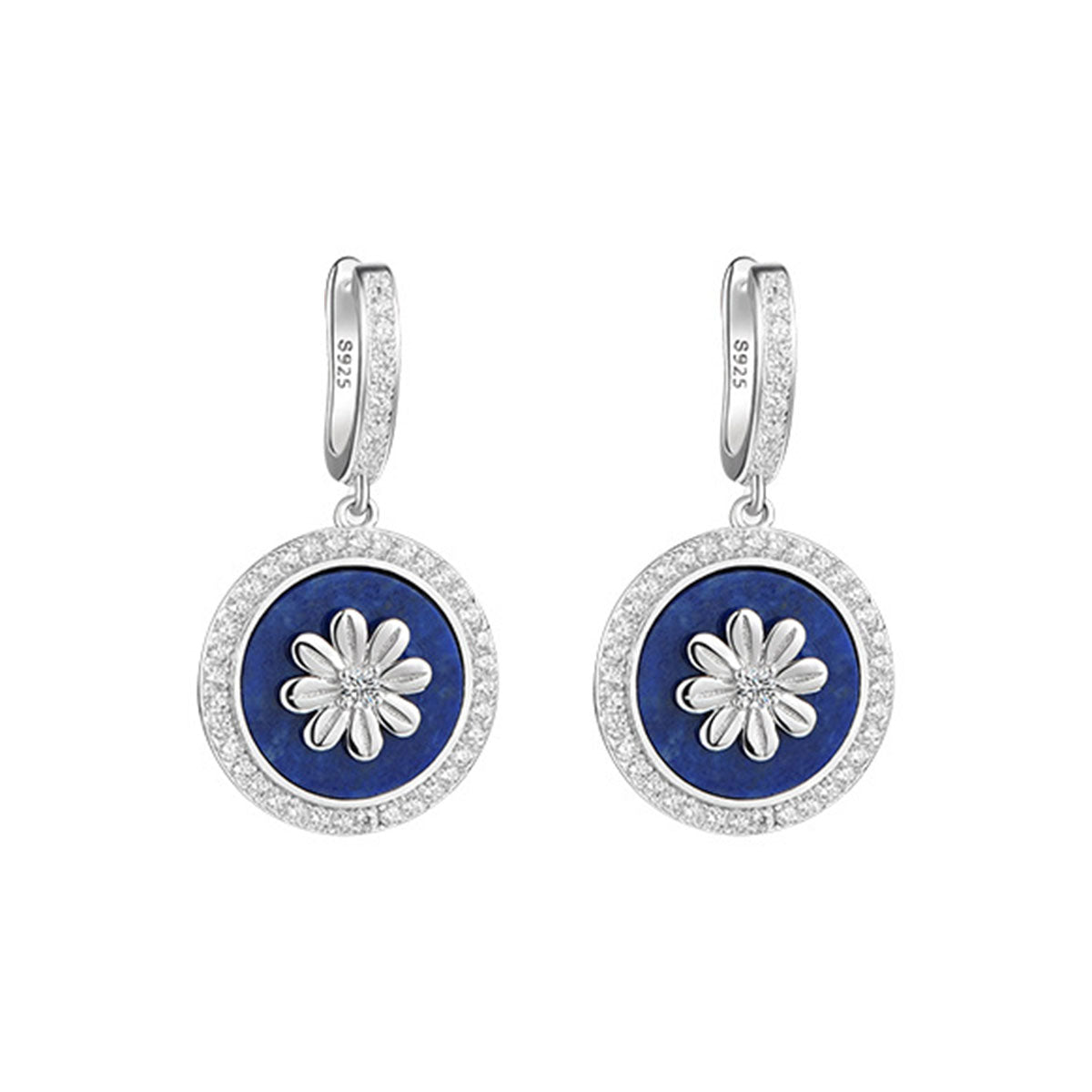 White Gold Flower Totem Lapis Lazuli Dangle Earrings