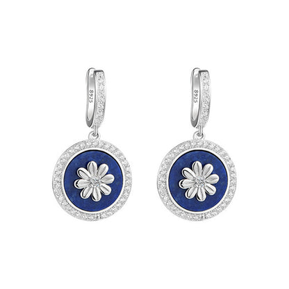 White Gold Flower Totem Lapis Lazuli Dangle Earrings