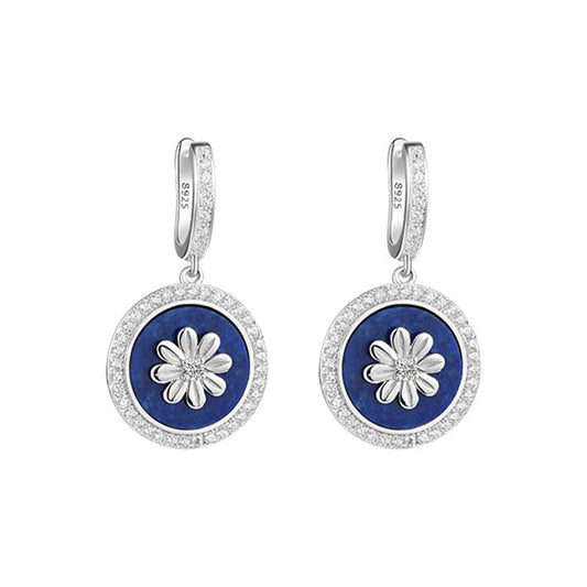 White Gold Flower Totem Lapis Lazuli Dangle Earrings