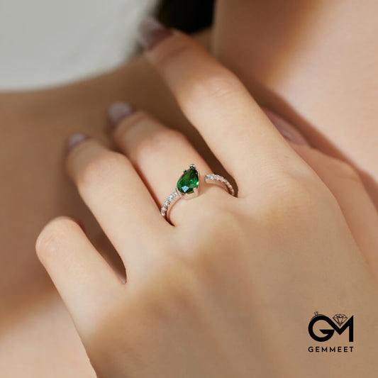 S925 Sterling Silver Green Zircon Pear Shape Opening Ring