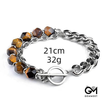 Faceted Black Onyx Tiger Eye Stainless Steel Bracelet