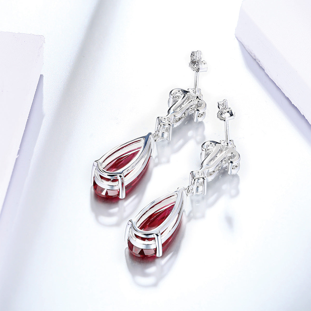 White Gold Full Zultanite Stones Drop Earrings with Pear Brilliant Cut Ruby Gem