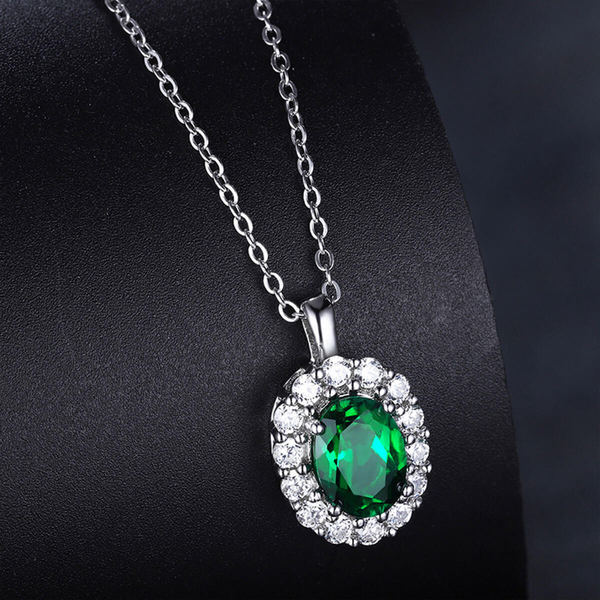 White Gold Oval Cut Emerald Halo Pendant Chain