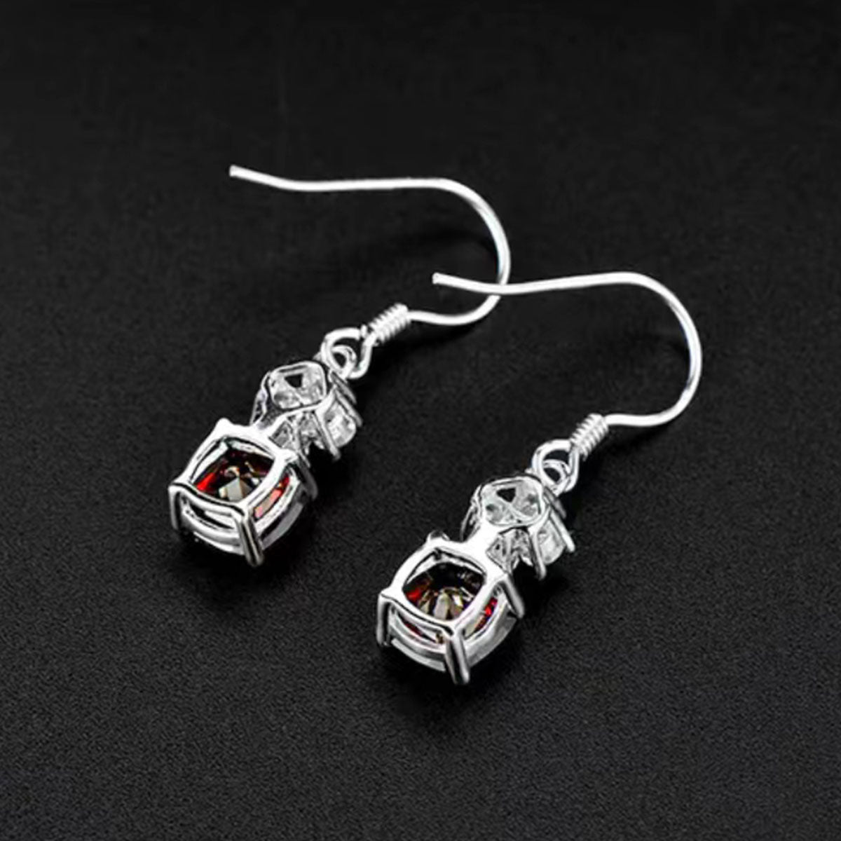 White Gold Square Ruby Garnet Dangle Earrings