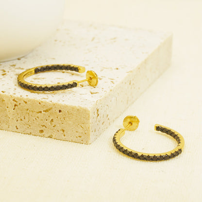 Golden Hammered Triple Black Stones Hoop Earrings