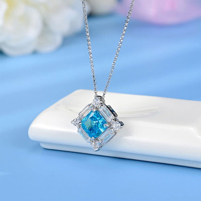 White Gold Square Cut Blue Gem Halo Pendant Chain