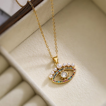 Hollow Evil Eye Color Stones Pearl Pendant Necklace