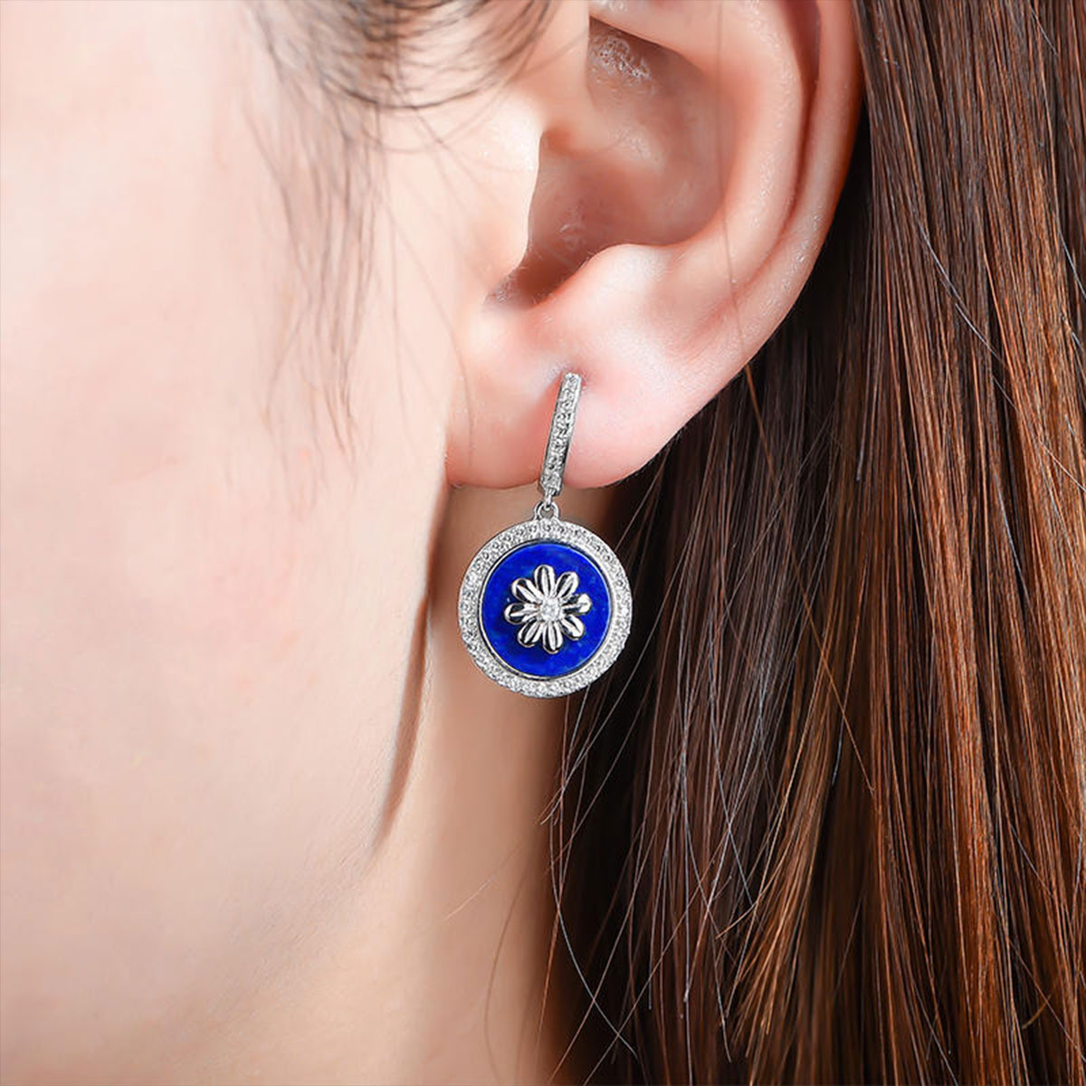 White Gold Flower Totem Lapis Lazuli Dangle Earrings