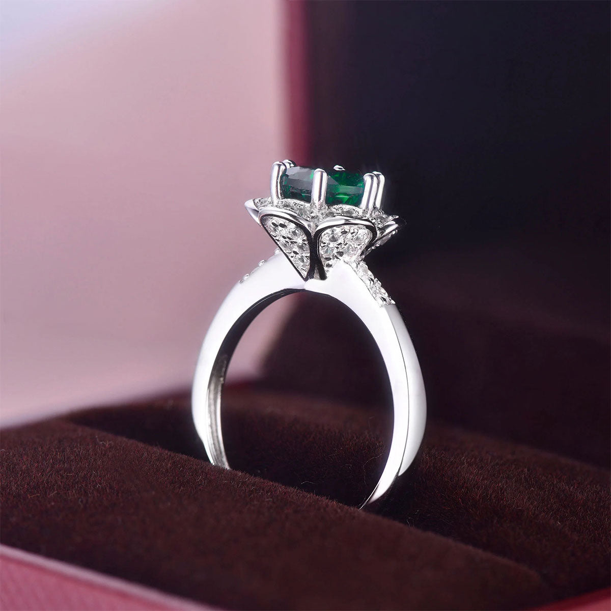 White Gold Flower Shape Emerald Halo Ring