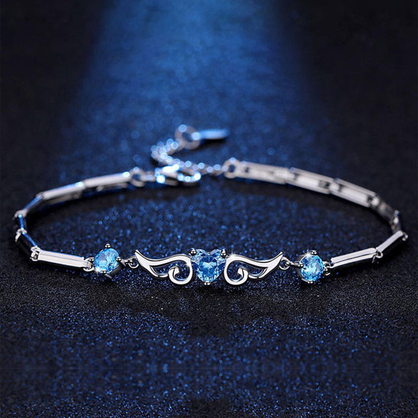 White Gold Angel Wings Heart Shape Blue Sapphire Bracelet