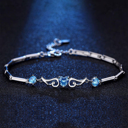 White Gold Angel Wings Heart Shape Blue Sapphire Bracelet