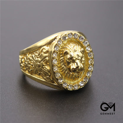 Vintage White Zircon Lion Head Titanium Steel Ring