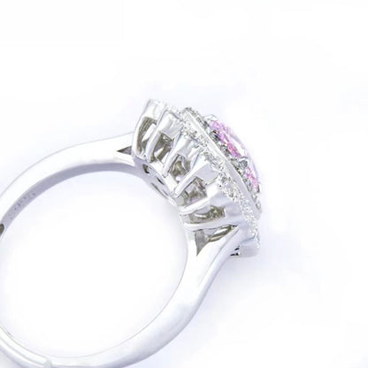 White Gold Cushion Shape Layered Stones Pink Gem Halo Ring