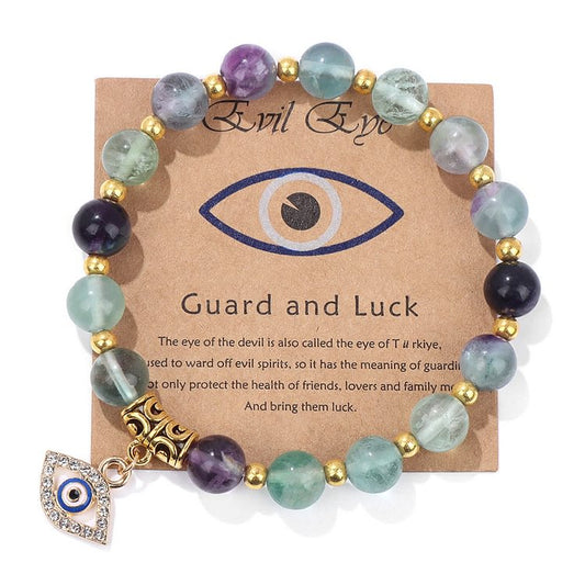 Fluorite & Color Stone Bead Evil Eye Pendant Bracelet