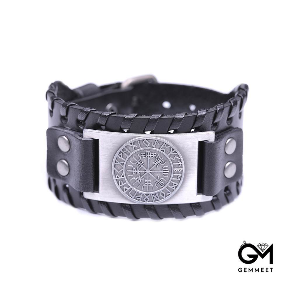 Wide Leather Odin Compass Bracelet