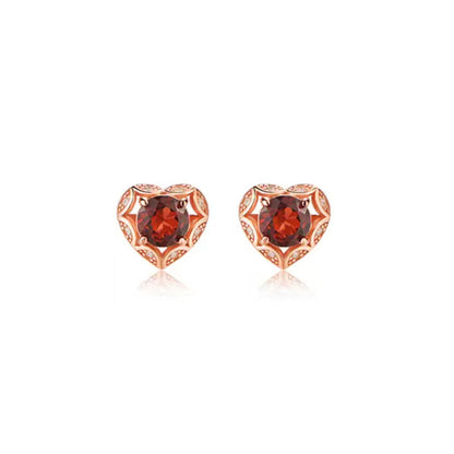 Rose Gold Ruby Garnet Hollow Heart Shape Stud Earrings