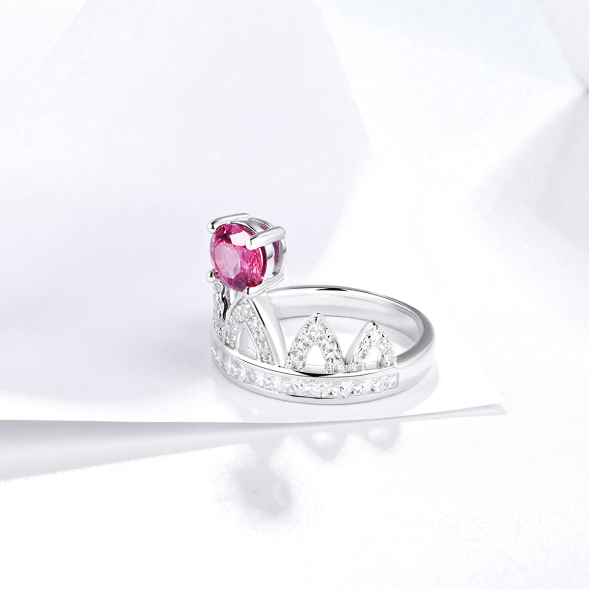 Sterling Silver Round Ruby Gem Crown Ring with Channel Setting Full Stones