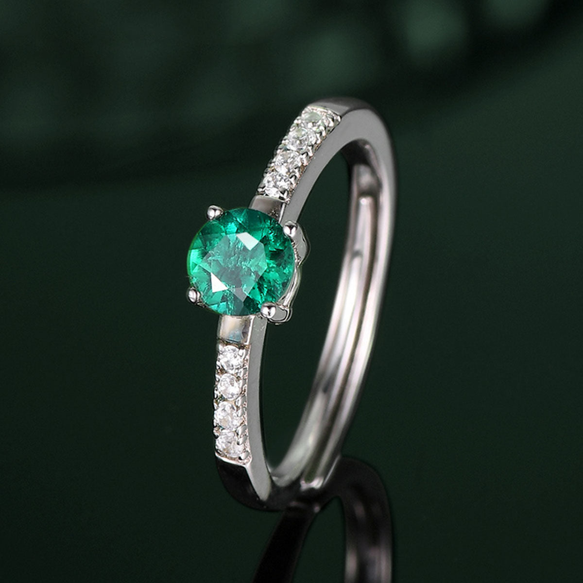 White Gold Round Cut Emerald Adjustable Ring