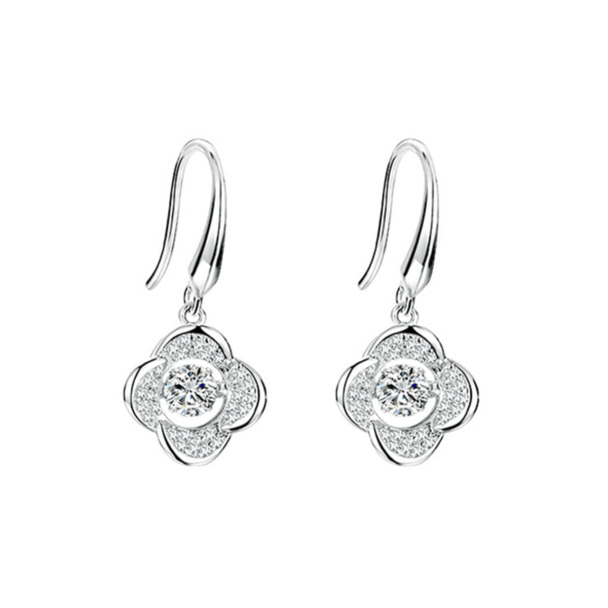 White Gold 4 Leaf Clover Shape Beating Shinny Dangle Earrings