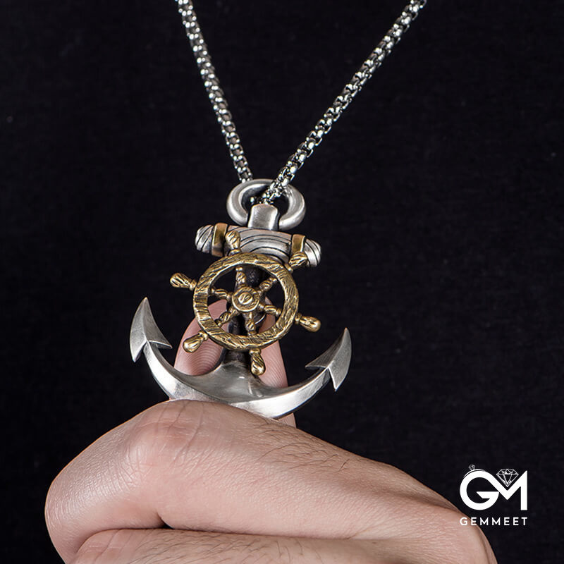 Vintage Viking  Anchor Compass Rudder Pendant Necklace