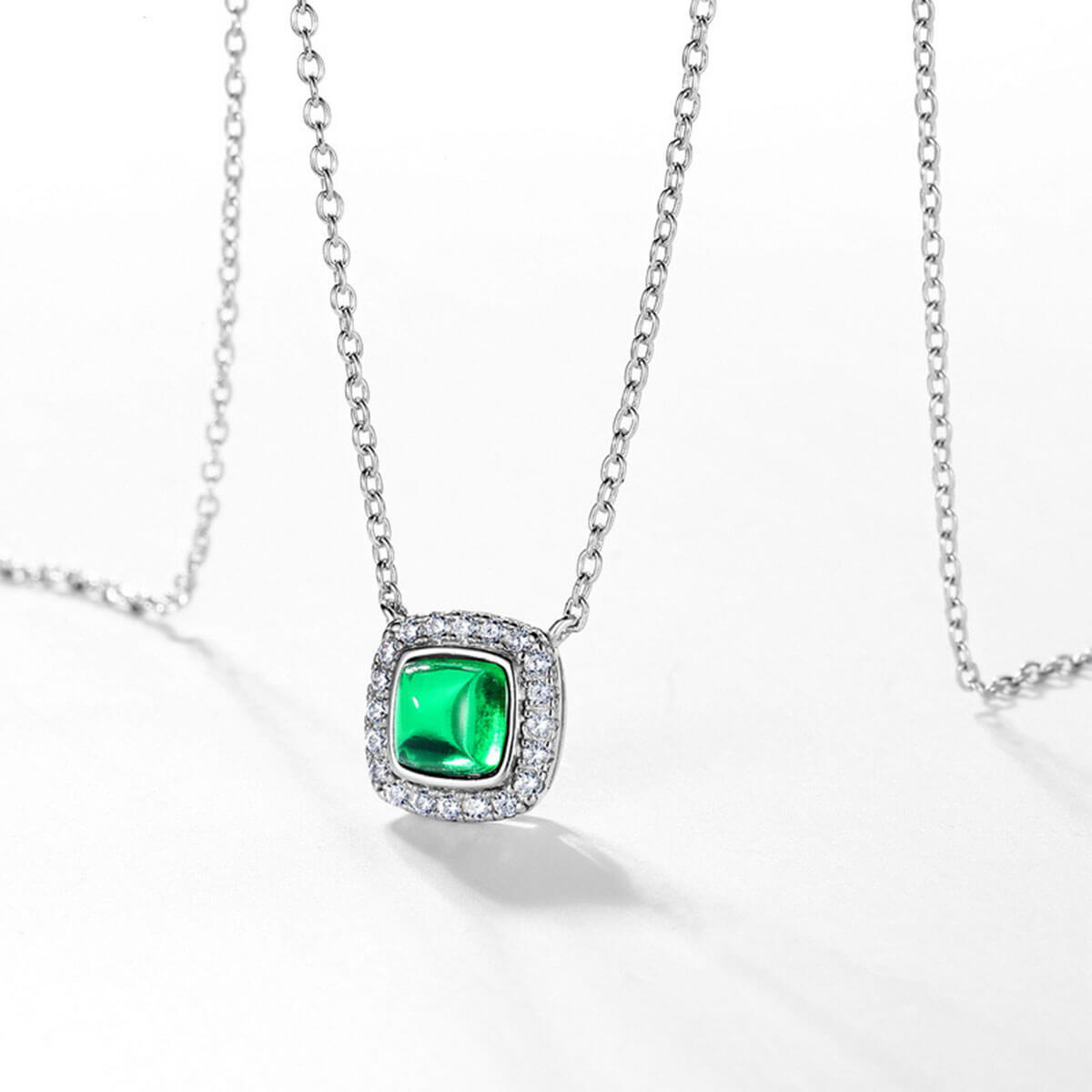 White Gold Cushion Shape Halo Emerald Chain