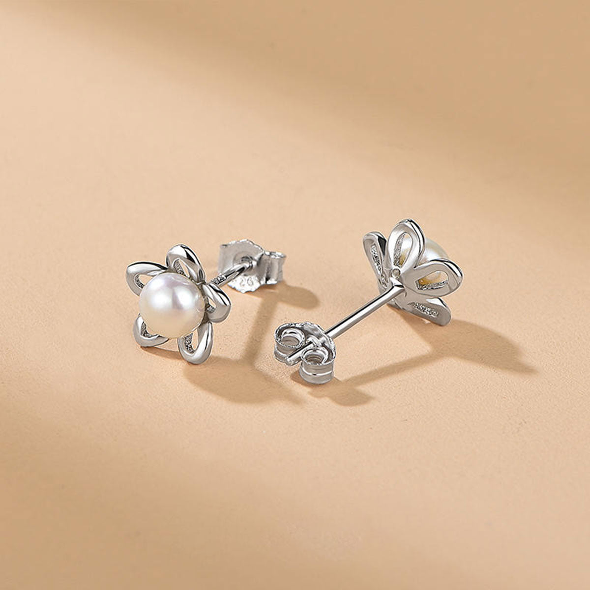 White Gold Organic Pearl Hollow Flower Shape Stud Earrings