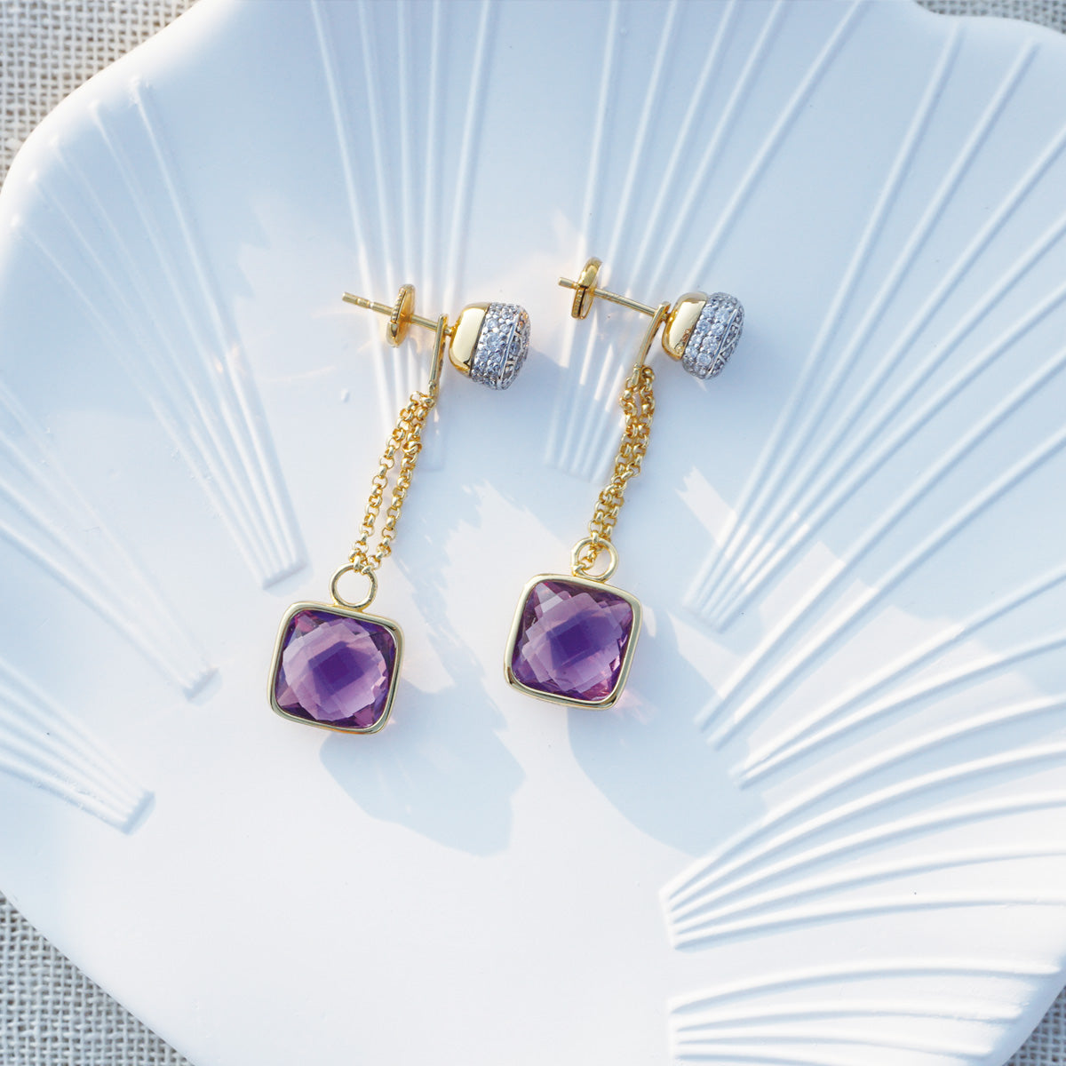 Gold Square Amethysts Stones Drop Earrings