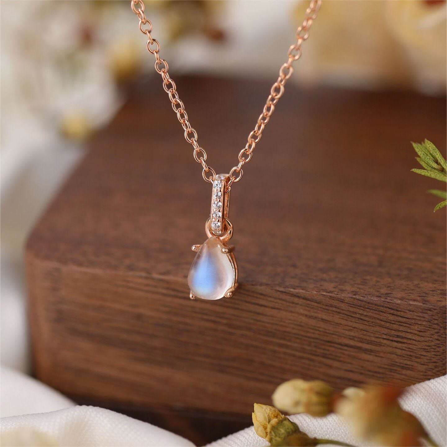 Moonstone Drop Shape Zirconia Pendant Necklace