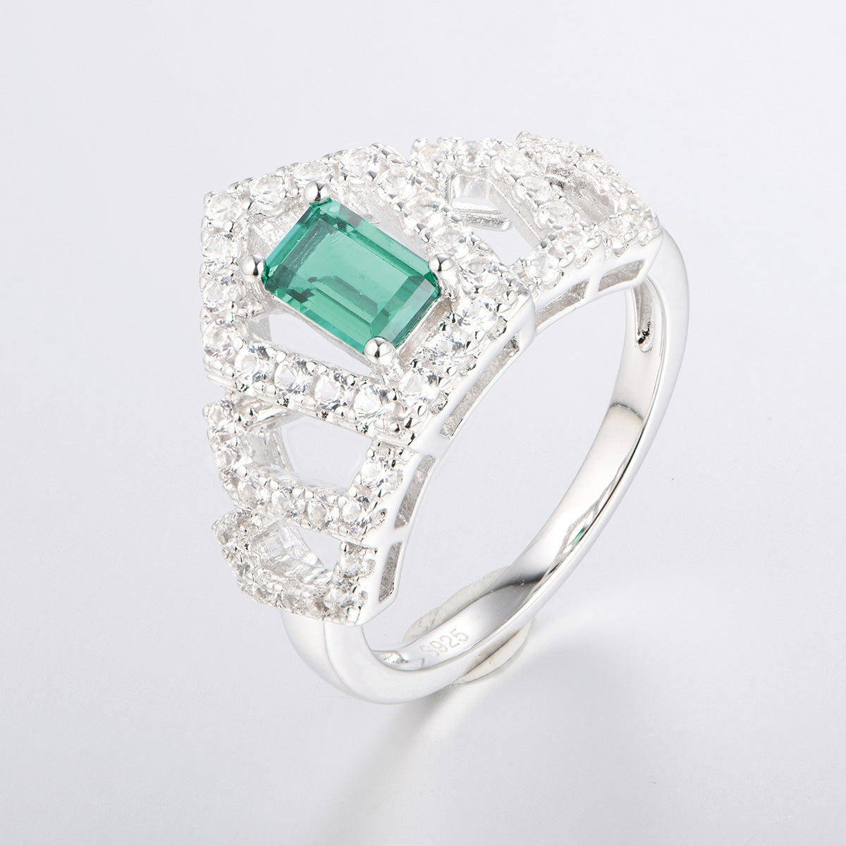 White Gold Square Emerald Crown Ring with Channel Setting Full Stones