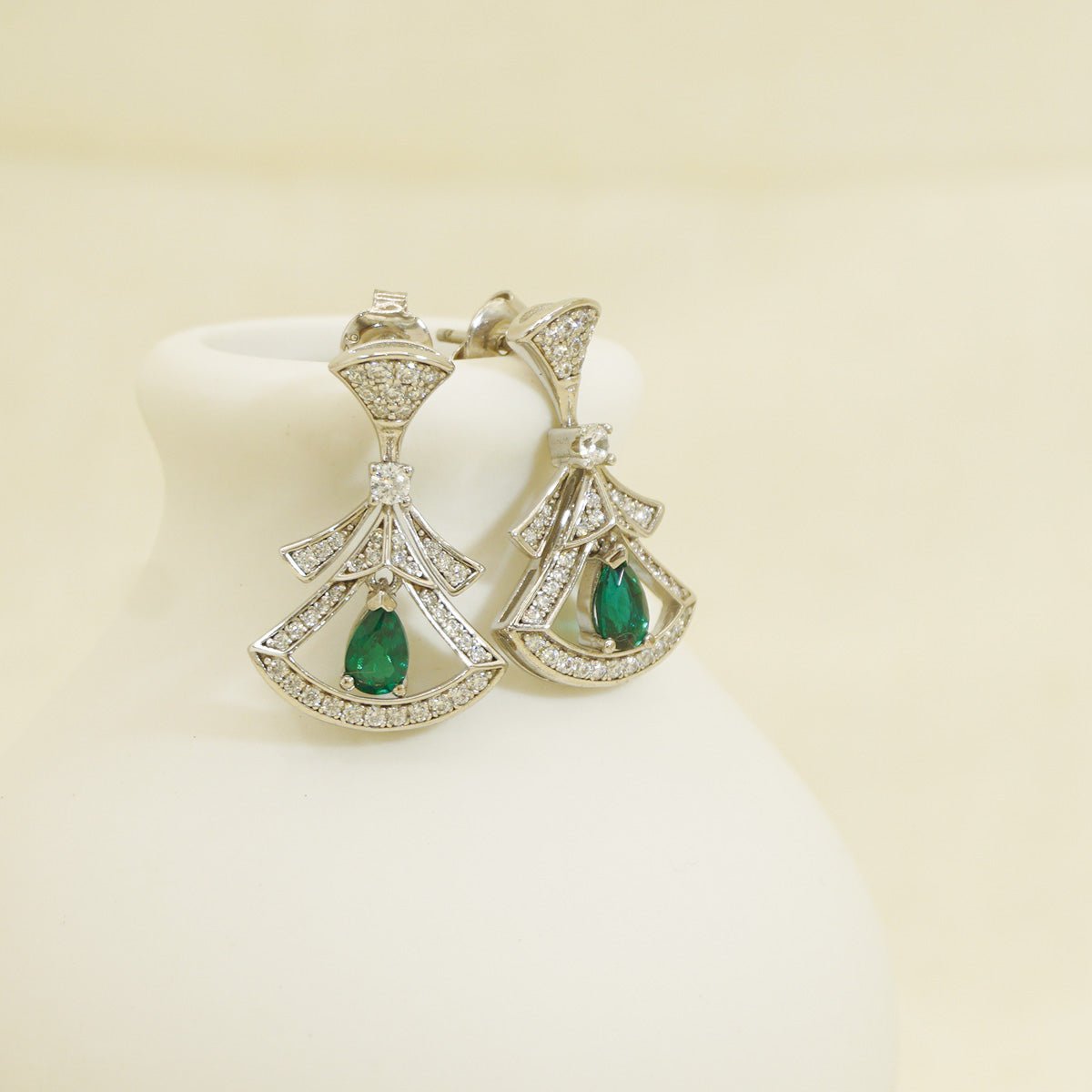 White Gold Green Gem Skirt Shape Drop Earrings