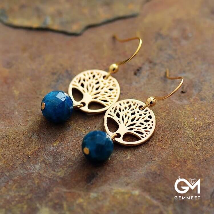 Blue Apatite Tree of Life Titanium Steel Earrings