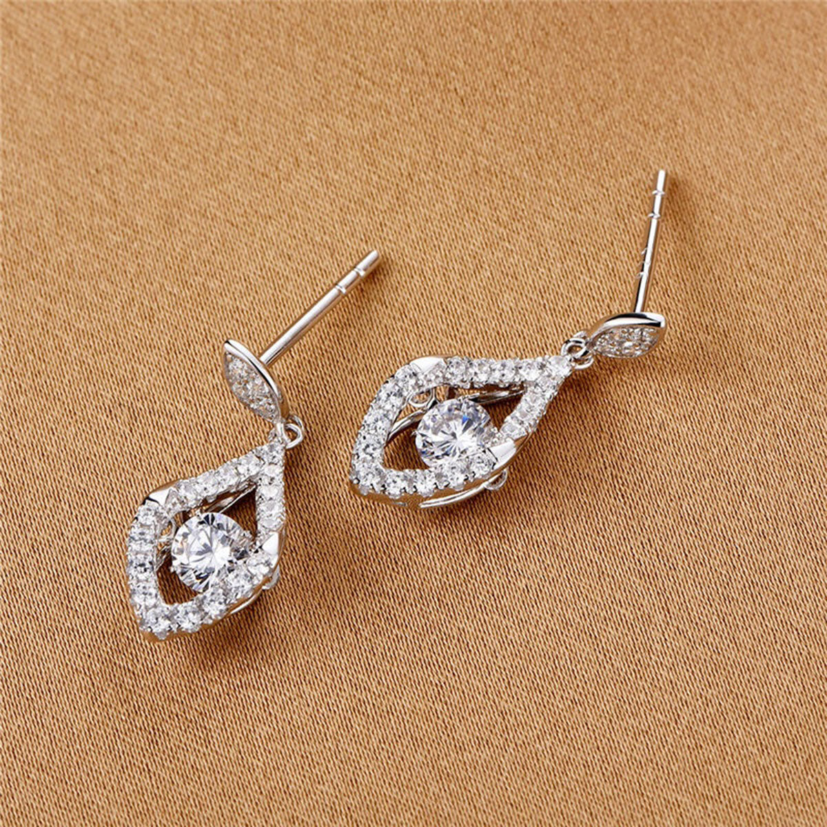 White Gold Olive Shape Full Stones Beating Drop Earrings