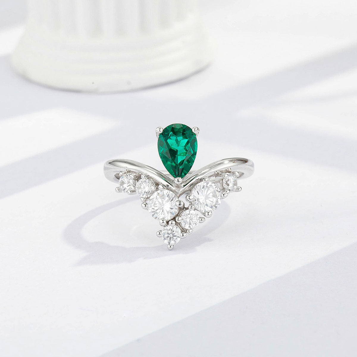 White Gold S925 Drip Emerald Crown Shape Adjustable Rings