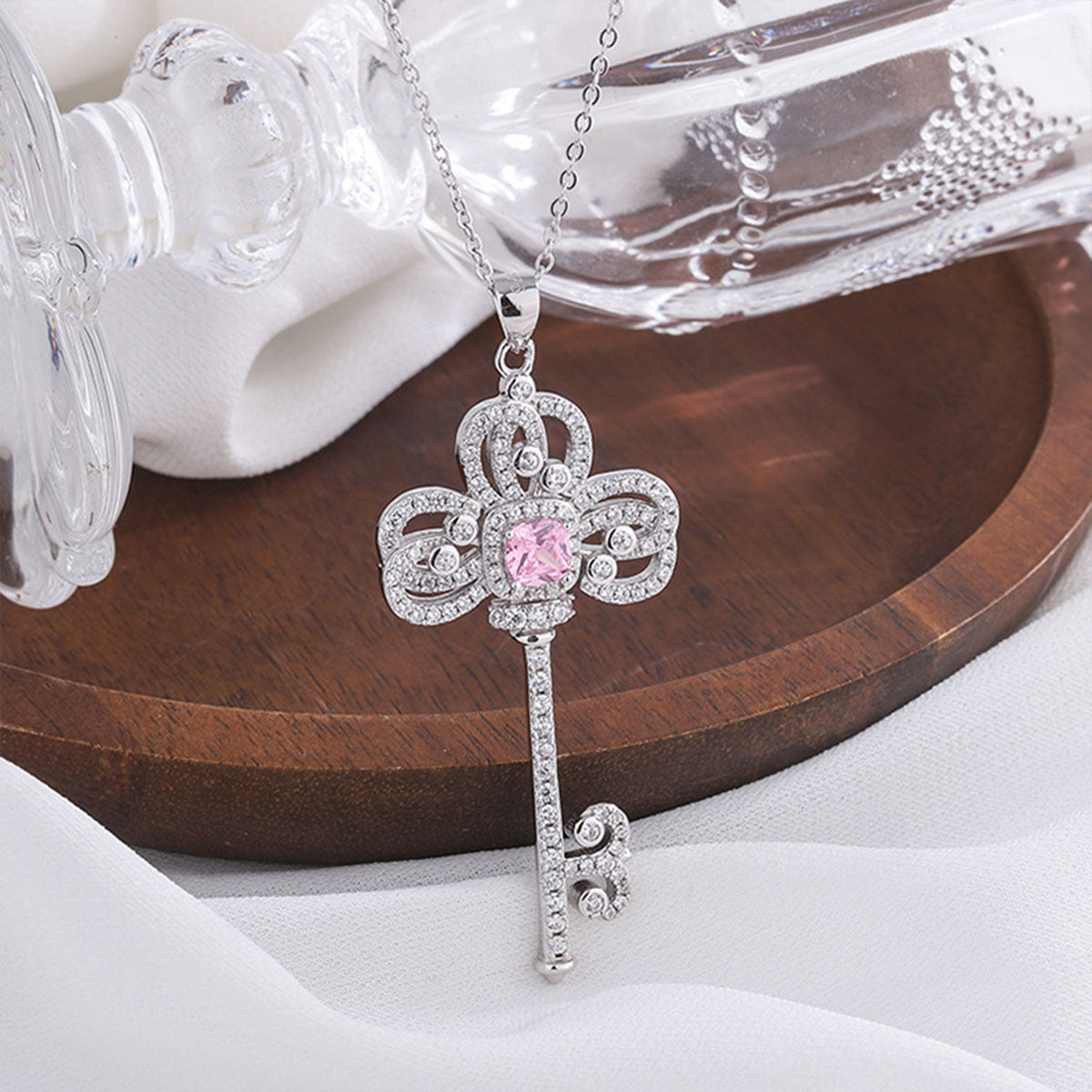 White Gold Classic Iris Key Shape Pink Sapphire Pendant